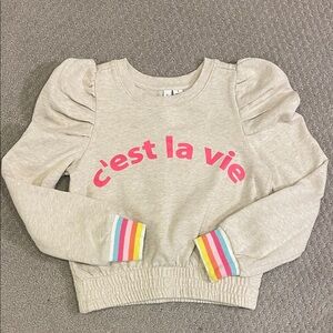 Janie and Jack Cream Puff-Sleeve Sweatshirt with Pink Graphic and Rainbow Cuffs